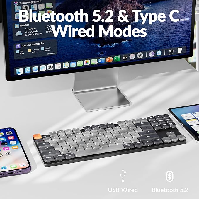 Keychron K1 Version 6 QMK Low Profile Mechanical Keyboard TKL, Bluetooth 5.2 Wireless/Wired Connection Programmable Keys, RGB Backlit with Shine-Through Keycaps for Mac Windows Linux