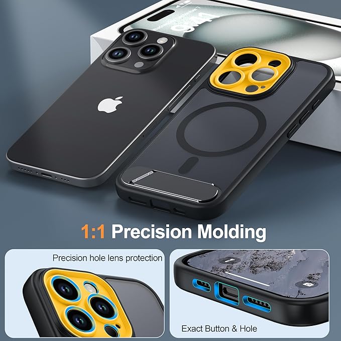 Magnetic Compatible with iPhone 15 Pro Case, [Built-in Kickstand][Full Camera Protection][Compatible with MagSafe][Anti-Fingerprint] Shockproof Phone Case for iPhone 15 Pro 6.1",Black & Yellow