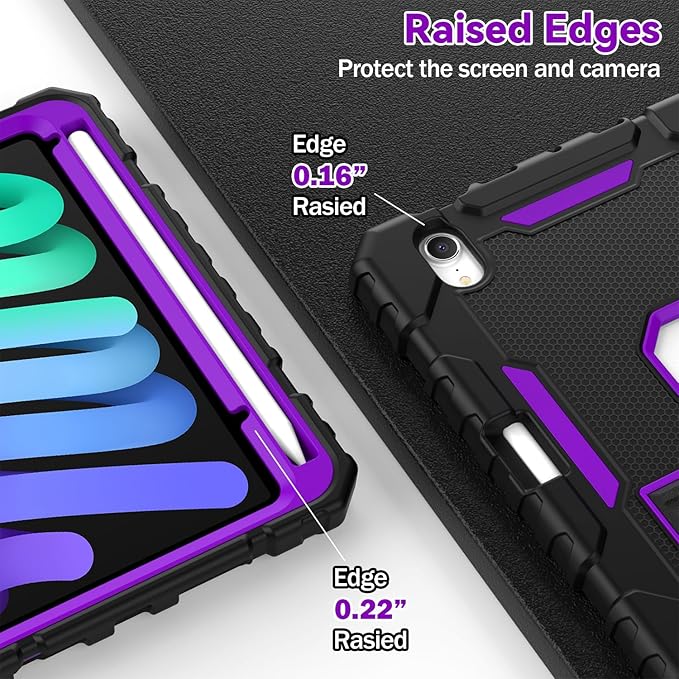 Grifobes Case for iPad mini 7 (A17 Pro) 2024 / Mini 6 2021 8.3 inch, Heavy Duty Shockproof Rugged Cover with Pencil Holder Stand, for I Pad Mini 7th/6th Gen 8.3" Case (Black+Purple)