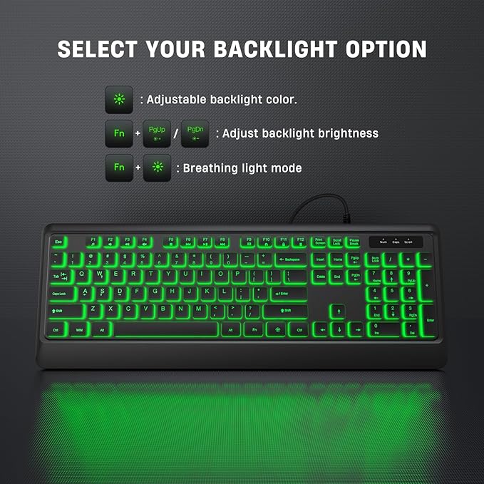 Luzarriba Backlit Computer Keyboards, Wired USB LED Keyboard with 7 Colors Backlight, Plug and Play, Waterproof, Full Size Quiet Computer Keyboard for Windows Desktop, PC, Laptop, Gaming