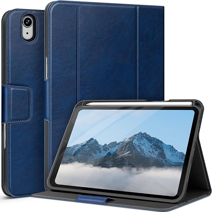 auaua Case for iPad mini 7 (A17 Pro), iPad mini 7th/6th Generation (2024/2021 8.3-inch), with Front Pocket Pencil Holder, Typing Angle Muti-Stand Magnetic Closure Auto Sleep/Wake (Blue)