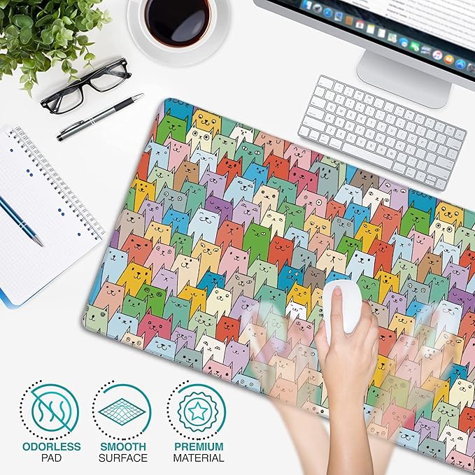Cute Colorful Cats Extended Gaming Mouse Pad Large Desk Mat with Non-Slip Rubber Base and Stitched Edges,Keyboard Mouse Mat Desk Pad for Work,Game,Office,Home 35.4 * 15.7 Inch