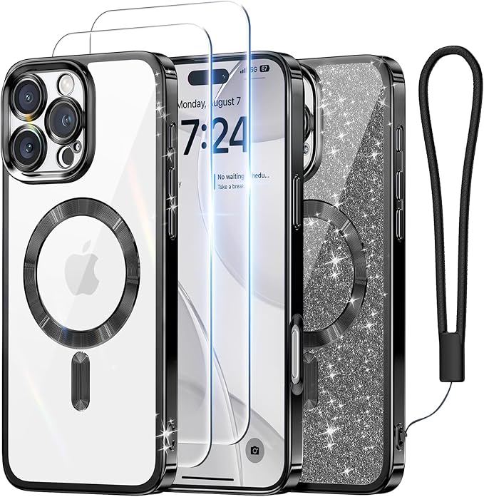 Meifigno Designed for iPhone 16 Pro Case 6.3", [Glitter Card & Wrist Strap] [Compatible with MagSafe] [2X Screen Protectors] Surround Lens Protection Designed for 16 Pro Case, Black Titanium