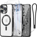 Meifigno Designed for iPhone 16 Pro Case 6.3", [Glitter Card & Wrist Strap] [Compatible with MagSafe] [2X Screen Protectors] Surround Lens Protection Designed for 16 Pro Case, Black Titanium