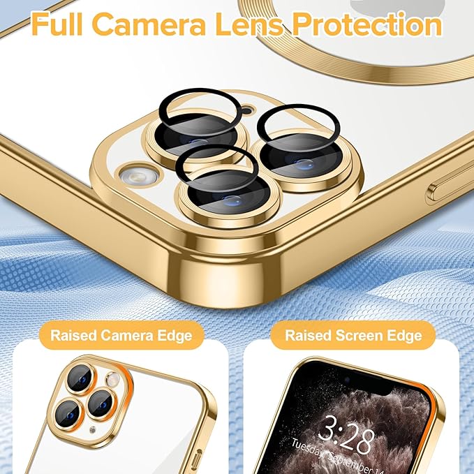 Hython Magnetic Clear for iPhone 11 Pro Max Case with Camera Lens Protector [Compatible with MagSafe] Plating Edge Slim Soft TPU Cover Protective Phone Case for iPhone 11 Pro Max 6.5", Gold