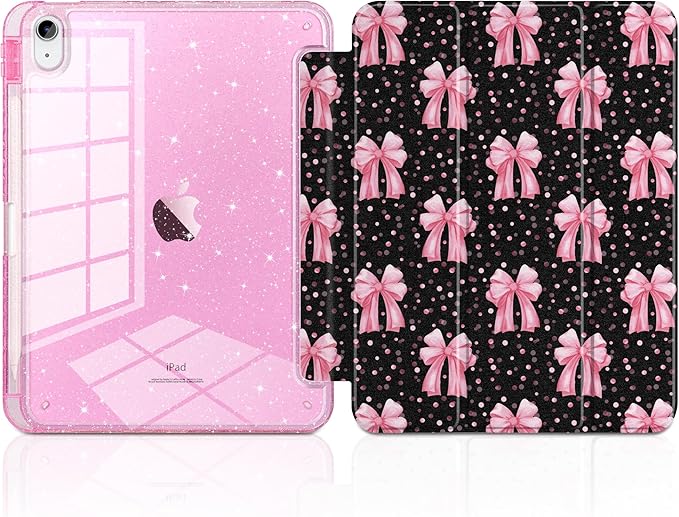 DONGKE for iPad Pro 11 inch Case – Fits M5 2025 / M4 2024, Shockproof Sparkling Glitter Acrylic Back, Pencil Holder, Trifold Stand, Auto Sleep/Wake & Touch ID Support - Pink Bows