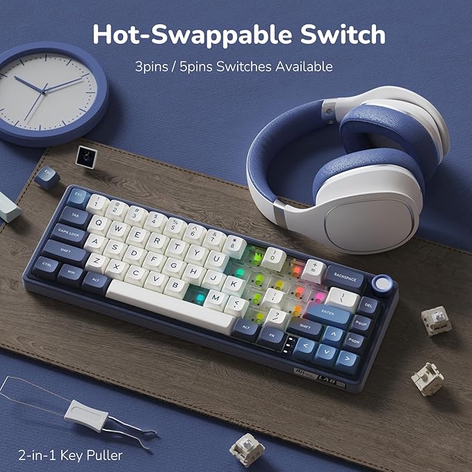 RK ROYAL KLUDGE R65 Wired Gaming Keyboard with Volume Knob, 60% Percent RGB Backlit Mechanical Keyboard Gasket Mount with PBT Keycaps, MDA Profile, QMK/VIA, 66 Keys Hot Swappable Cream Switch, Blue