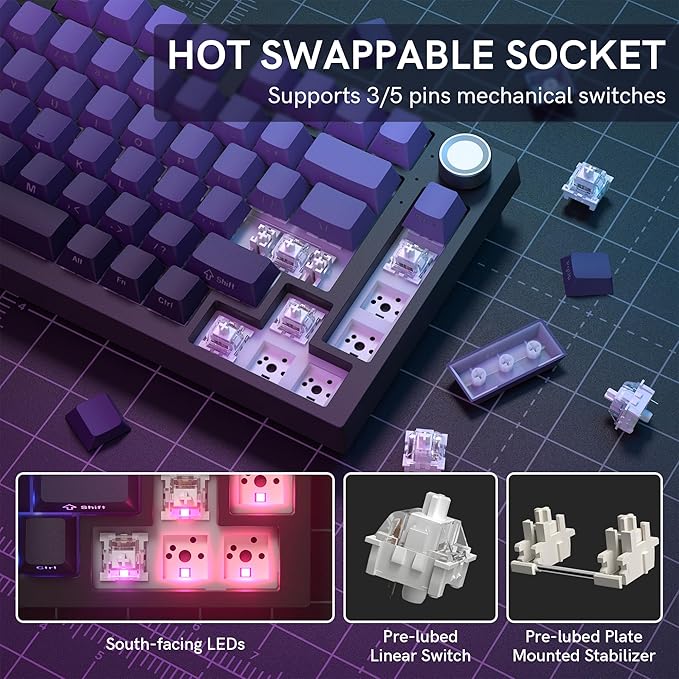 COSTOM WK75 75% Wireless Gaming Mechanical Keyboard,BT5.0/2.4GHz/USB-C, Hot Swappable Pre-lubed Custom Linear Switches,Gasket Structure,RGB Backlit Keyboard for PC/Laptop/Xbox/PS4/PS5 (Purple)