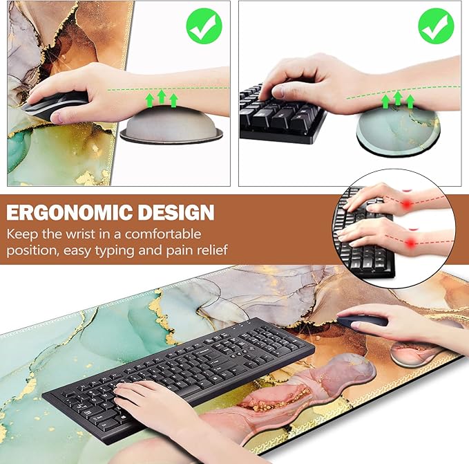 Upgraded Extended Gaming Mouse Pad, Keyboard Wrist Rest Pad, Wrist Support Mousepad Set, Artso Large Rubber Base Stitched Edges Desk Pad (35 x15.5 in) for Office, Home,Abstract Art Marble
