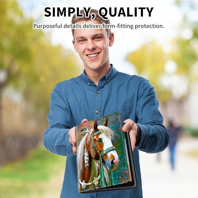 for Amazon Kindle Fire HD 10 & 10 Plus (13th/11th Generation, 2023/2021 Release) 10.1" Tablet Case, Slim Kickstand Stand Leather Smart Cover with Auto Wake/Sleep, Feathered Horse