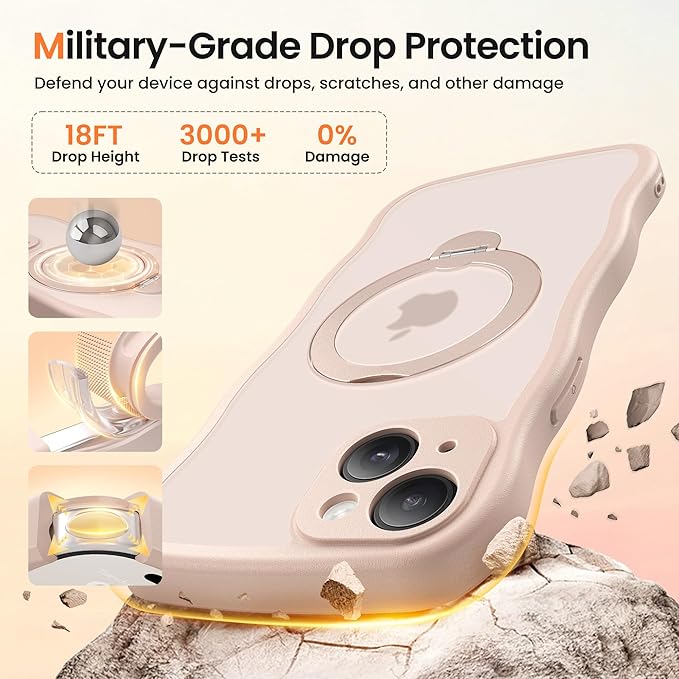 CAPRARO for iPhone 15 Plus Case with 360° Spin Magnetic Stand for Women, [Compatible with MagSafe] [Full Camera Protection] Cute Wave Translucent Matte Case for iPhone 15 Plus, Rose Gold