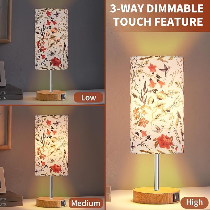 Bedside Touch Lamp, Wood Small Table lamp with 2 USB Charging Ports & Flower Fabric Shade, 3-Way Dimmable Nightstand Lamps for Living Room Bedroom Office Reading Desk Home Dorm(LED Bulb Included)