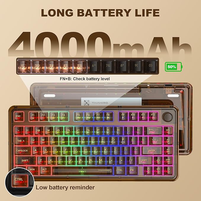 Transparent Mechanical Keyboard, 80-Key RGB Backlit Wireless Gaming Keyboards, Hot Swap Customizable Clear Acrylic Design, Quiet Linear Switches, 3 Modes BT5.0/2.4G/USB-C 4000mAh Battery (Brown)