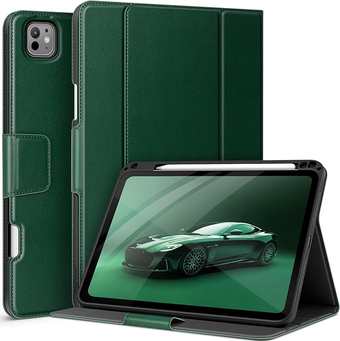 auaua Case for iPad Pro 11 Inch (M5/M4) 2025/2024, with Pencil Holder and Pocket, Multiple Angles Viewing, Magnetic Closure, Auto Sleep/Wake (Green)