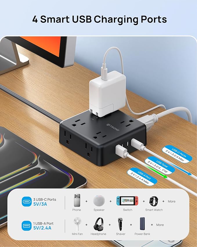 TROND Surge Protector Power Strip, 10FT Flat Plug Extension Cord with 8 Outlets & 4 USB Ports (3 USB C), 1625W, Wall Mount Outlet Extender for Home Office Dorm Room Essentials, Black