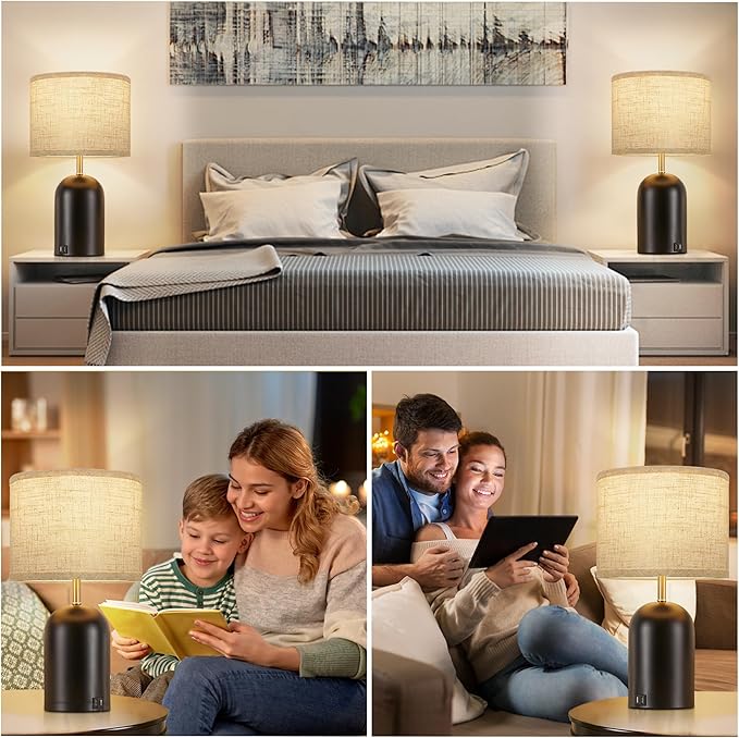 GyroVu Bedside Lamps with USB C+A Charging Ports, Table Lamp Touch Control Dimmable Modern Lamp for Bedroom Lamps for Night Stands with Fabric Shade for Living Room Office Dorm (LED Bulbs Included)