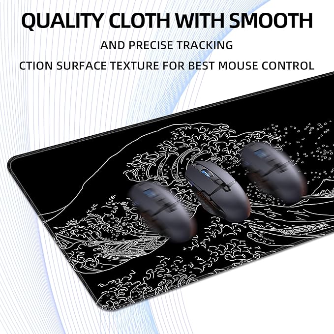 BZU Japanese Sea Wave Extended Big Mouse Pad Large,XL Gaming Mouse Pad Desk Pad,31.5x11.8inch Long Computer Keyboard Mouse Mat Mousepad with 3mm Non-Slip Base and Stitched Edge for Home Office Work