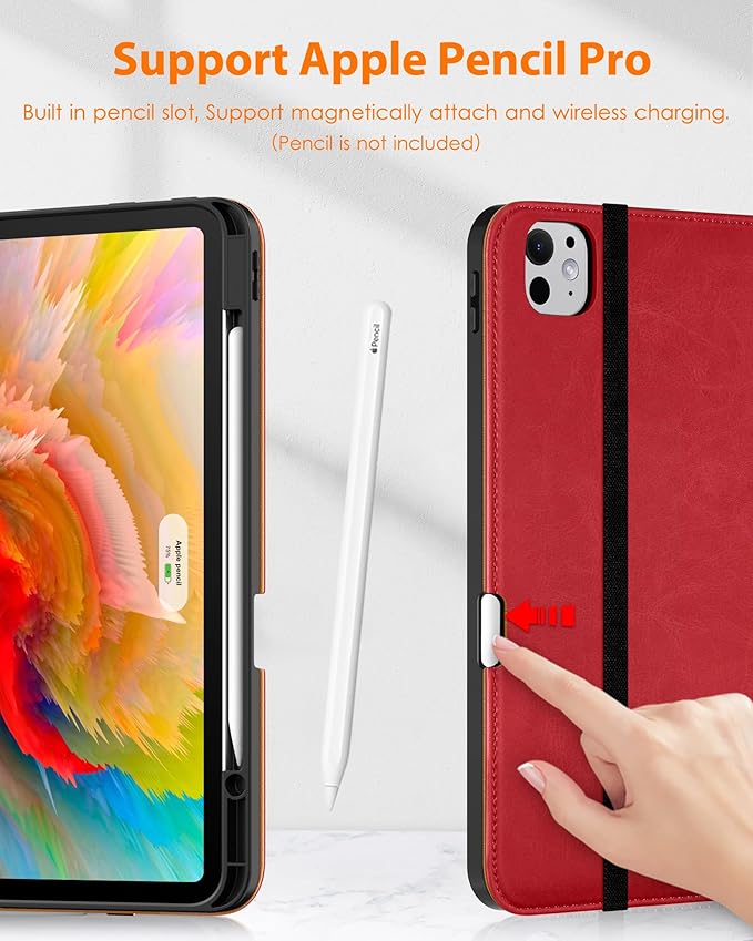 DTTO for iPad Pro 13 inch Case (M5/M4) 2025/2024, Premium Leather Business Folio Stand Cover with Pencil Holder - Auto Wake/Sleep & Multiple Viewing Angles, Built in Hand Strap & Pocket, Red