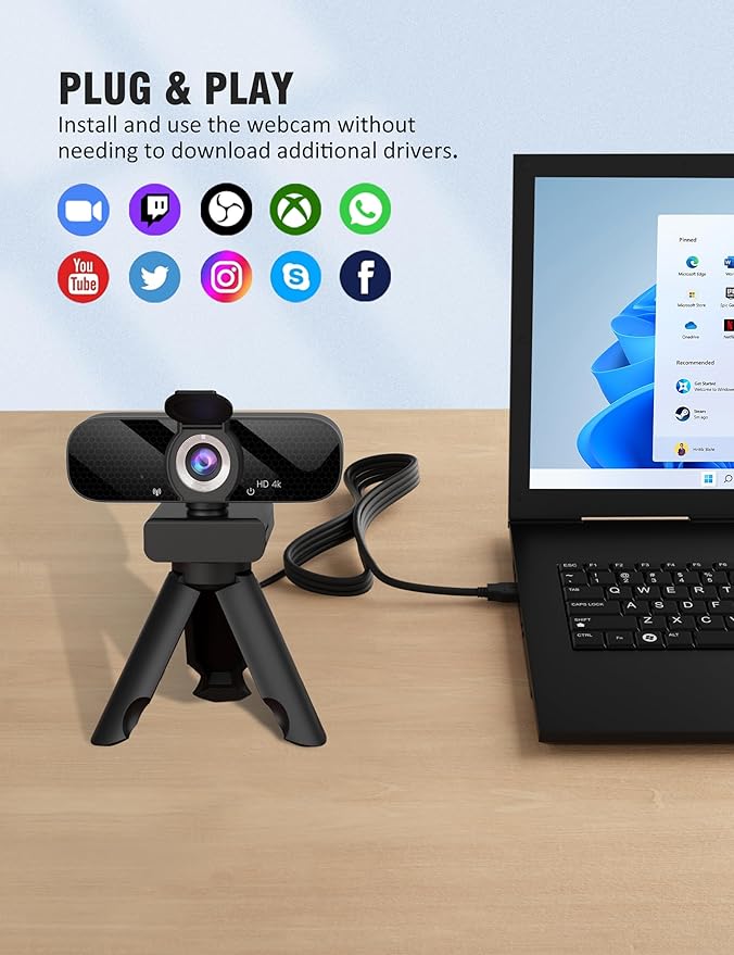 Tewiky Full HD Webcam with Built-in Microphone and Rotatable Tripod, 4K Video and Wide Angle Camera, Privacy Cover, for Desktop PC or Laptop Computer