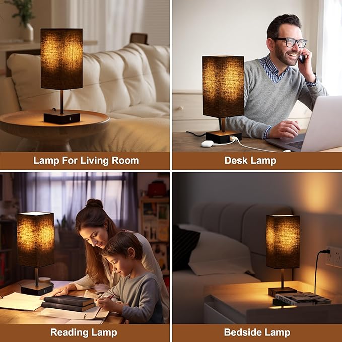 Bedside Table Lamps Set of 2, Touch Bedroom Lamp with USB C+A Charging Ports, 3 Way Dimmable Lamps for Night Stands, Small Table Lamp for Bedroom Decor, LED Bulbs Included, Upgraded Black