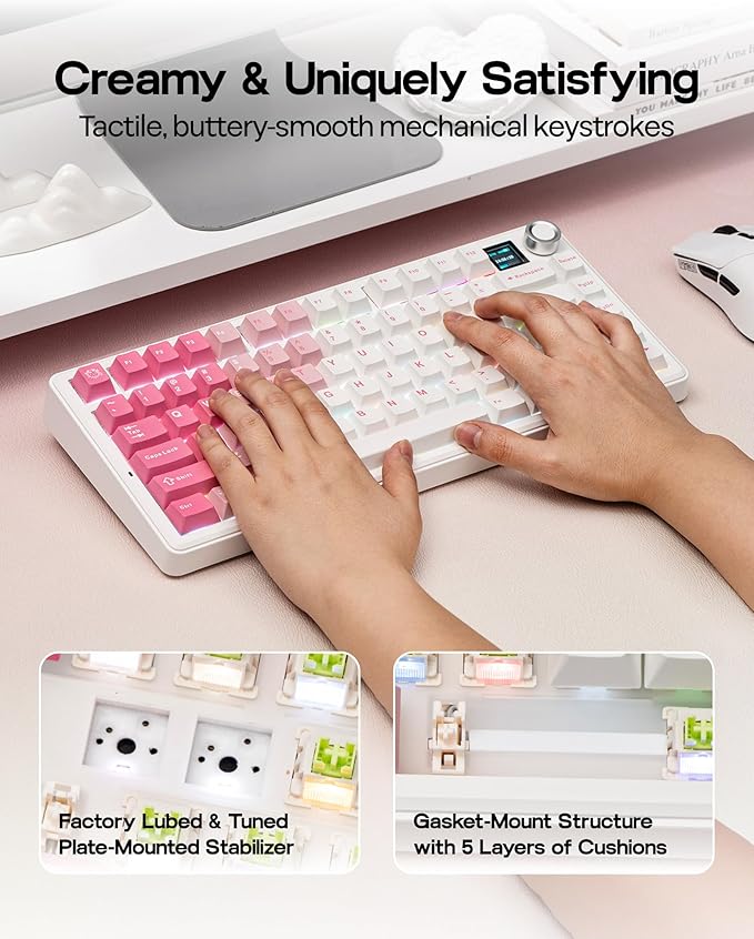 EPOMAKER X Aula F75 MAX Wireless Mechanical Keyboard with TFT Screen and Knob, Gasket Keyboard in 75% Layout, Hot Swappable Gaming Keyboard for PC/Mac/Linux (White Pink)
