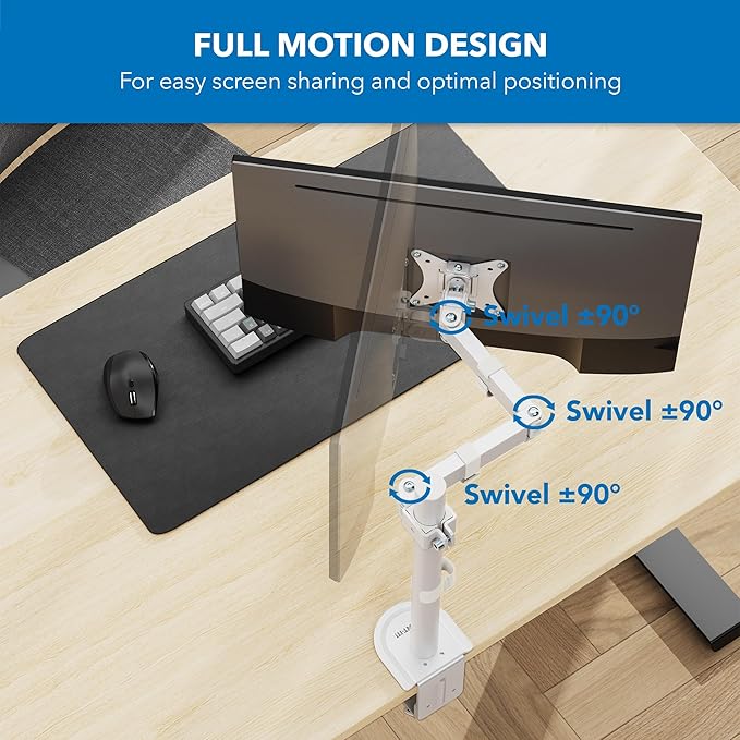 Mount-It! Single Monitor Arm 17" to 32", Full Motion Adjustment with Tilt, Rotation, Swivel, Height Adjustment Along Pole, Clamp or Grommet Mounting, Monitor Desk Mount VESA 75x75 and 100x100, White