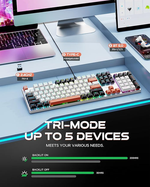 Redragon Wireless Mechanical Gaming Keyboard, Tri Mode BT/2.4G/USB-C Hot Swappable Custom Keyboard, RGB Backlit Computer Gaming Keyboards, PBT Keycaps, Programmable for PC/Tablet,K671WBR-KS