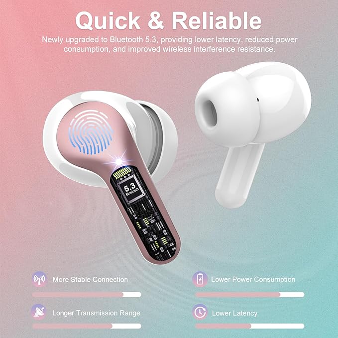 Wireless Earbuds, Bluetooth 5.4 Headphones HiFi Stereo, Bluetooth Earbuds with ENC Noise Cancelling Mic, IP7 Waterproof in Ear Earphones, 48H, LED Display Ear buds for Pad Phones Workout, Rose Gold
