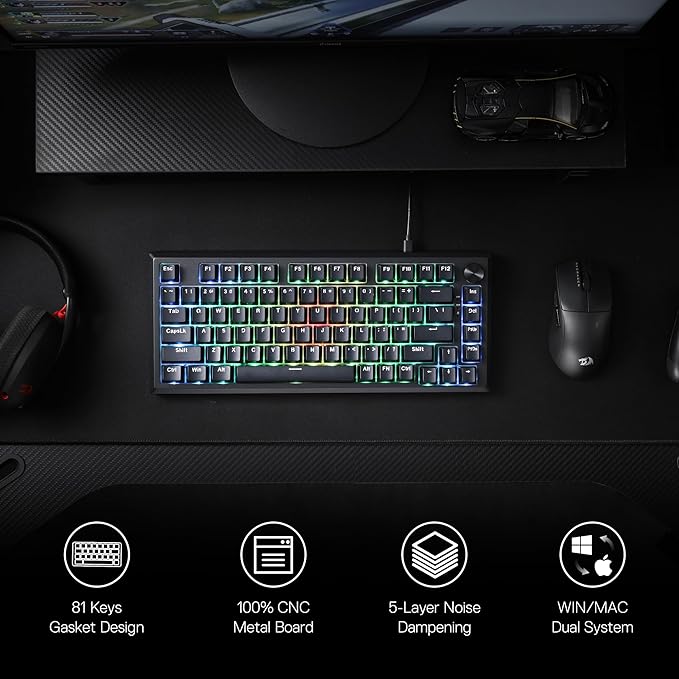 Redragon K687 Wired CNC Gasket Gaming Keyboard, 81 Keys Mechanical Keyboard w/Premium CNC Aluminum Board, Easy-Control Knob, 5-Layer Noise Dampening, Custom Linear Switch