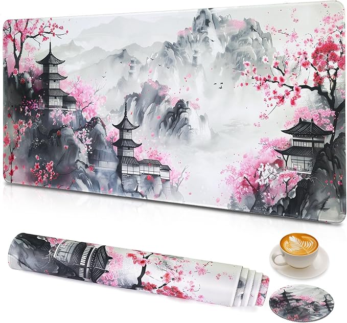 Large Gaming Mouse Pad with Coaster, Desk Matt for Desktop, Desk Pad, Mouse Pads Mat, Stitched Edges Big Extended Mousepad for Computer Keyboard Laptop Office Decor, 31.5'' x15.6''-Japanese Anime