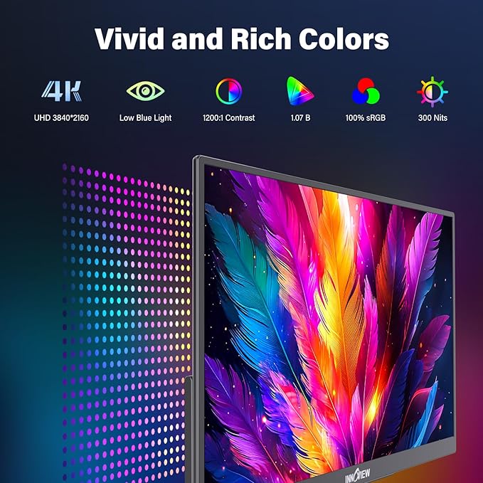 InnoView 15.6" Portable Monitor 60Hz 4K UHD 3840x2160 | 100% sRGB HDR | Travel Monitor with 2 USB-C & HDMI Ports | Second Screen for Laptop Mac PC Xbox PS5 Switch (Includes Adapter)