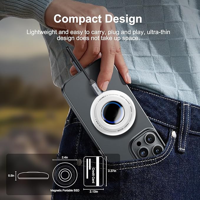 FP108 1TB Magnetic Portable SSD, External Solid State Drives with PD-100W and 2050MB/s USB-C 3.2 Gen 2x2, Play While Charging, Compatible with iPhone 16/15 Pro Max, Android, PC, Mac, Switch Lite