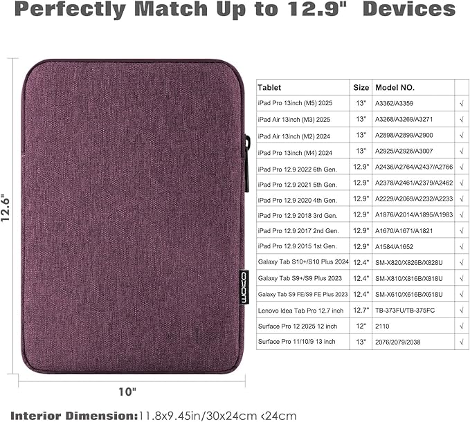 MoKo 13 Inch Tablet Sleeve Fits New 13inch iPad Air M4 2026, iPad Pro M5/M4/Air M3/M2 13", iPadPro 12.9", Galaxy Tab S8+/S9+ 12.4", Polyester Bag Fit with Apple Pencil or Smart Keyboard, Purple