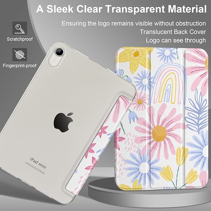 DONGKE for iPad mini 7 (A17 Pro) 2024 & iPad mini 6 2021 8.3 Inch, Slim Foldable Stand Hard PC Translucent Back Shell Smart Cover for iPad mini 7th/6th Generation [Auto Wake/Sleep] - Colorful Florals