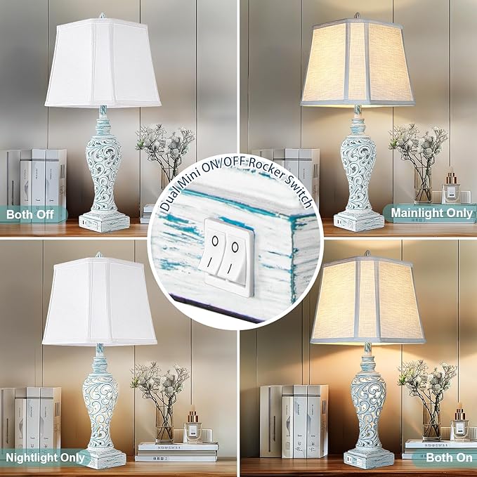 Table Lamp Bedside Lamps Set of 2, 28.5'' Luxsight Farmhouse Table Lamps for Bedroom, Lamps for Nightstands with Night Lights, with USB C+A Ports, Rustic Lamp for Living Room, Bulb Included