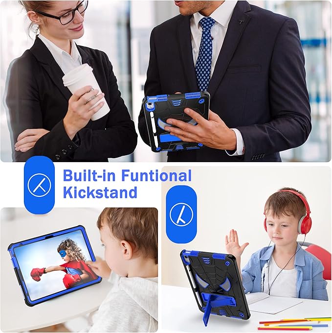 Dteck for iPad Air (3rd Generation) 2019/iPad Pro (2017 Release) Hard Case 10.5" with Kickstand, Shoulder Strap/Screen Protector Film/Stylus Included, Shockproof Cute Spider Kid's Cover, Black/Blue