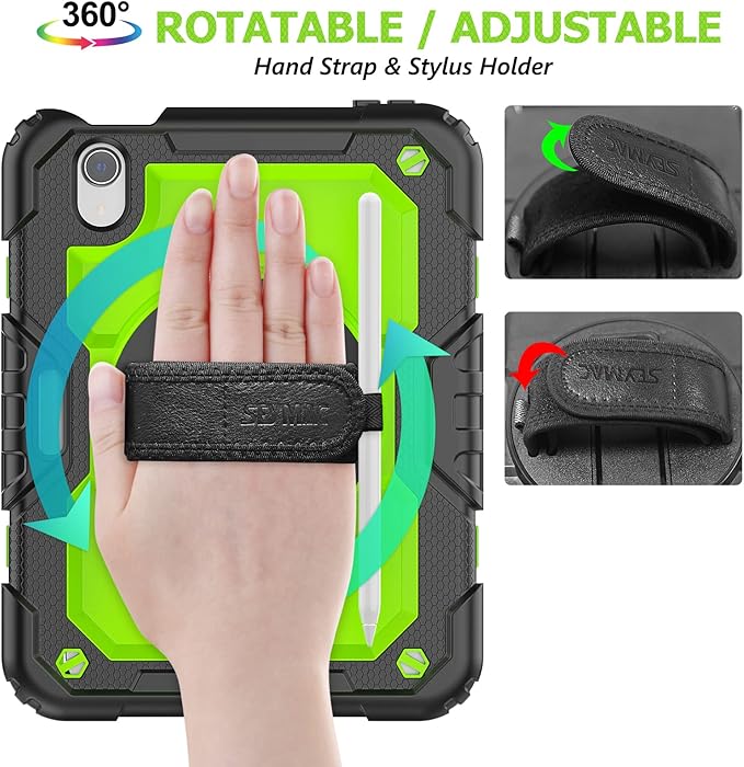SEYMAC stock Case for iPad mini 7 (A17 Pro) 2024/ Mini 6 8.3'' with Screen Protector Pencil Holder [360 Rotating Hand Strap] &Stand, Drop-Proof Case for iPad mini 7th/6th Generation 8.3", Green+Black