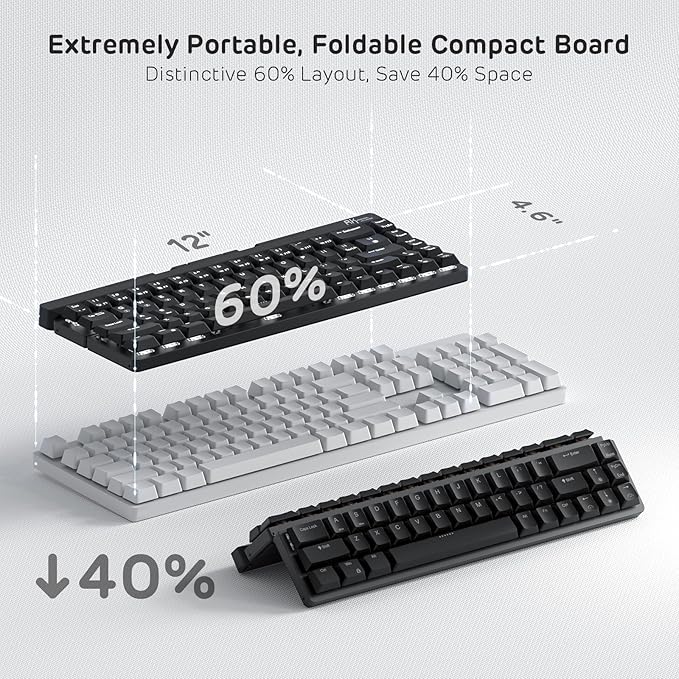 RK ROYAL KLUDGE F68 60% Foldable Low Profile Mechanical Keyboard, Wireless Mechanical Keyboard with Aluminum Body, Built-in Stand Holder, White Backlit, 68 Keys