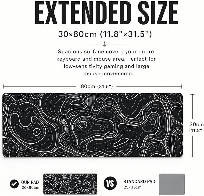 Large Gaming Mouse Pad Black Topographic Contour Mouse Pad Extended XL Long Mousepad Big Desk Mat with Stitched Edges & Nonslip Rubber Base for Company Office Work, 31.5 X 11.8 Inch