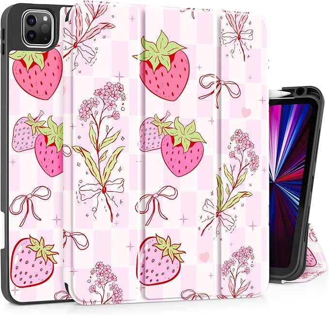 May Chen Case for iPad Pro 11 inch (4th, 3rd, 2nd & 1st Gen) 2022 2021 2020 2018,Trifold Stand with Auto Wake/Sleep Soft TPU Protective Stand Back Cover, Strawberry Bow