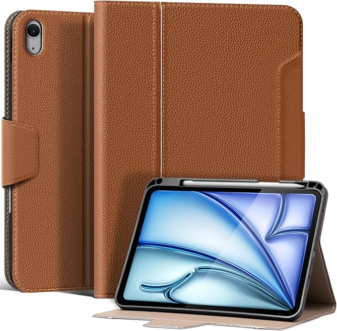 Leather Case for iPad Air 11" M4/M3/M2 (2026/2025/2024) & 10.9" 5th/4th Gen (2020/2022) with Pencil Holder & Buckle, Auto Wake/Sleep, Shockproof Adjustable Stand,Brown