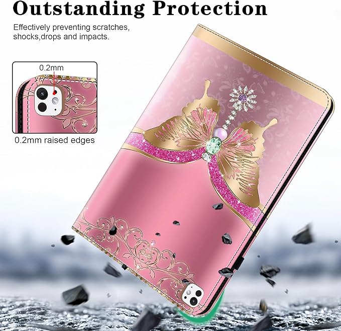 Case for iPad Pro 13 inch (M5/M4) 2025/2024, Premium Leather Folio Stand Protectors Cover with Auto Wake/Sleep, Pencil Holder, Hand Strap and Card Slots - Pink Butterfly