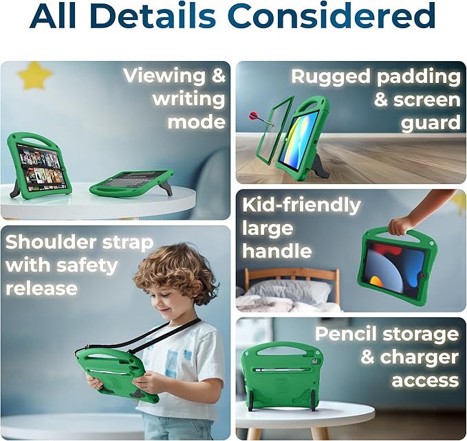 Bam Bino Space Suit iPad 9th Generation Case Kids, iPad 8th/7th/10.2 inch iPad Case for Kids | Lightweight Cover with Screen Protector, Handle, Stand, Shoulder Strap, Pencil Holder (Mint Green)