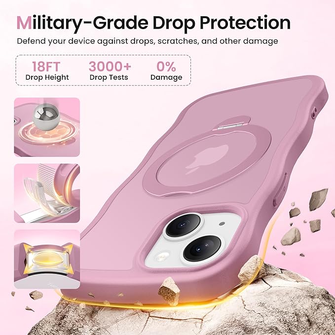 CAPRARO for iPhone 13 Case & iPhone 14 Case with 360° Spin Magnetic Stand for Women, [Compatible with MagSafe] [Camera Protection] Cute Wave Translucent Matte Case for iPhone 13/14, Black Currant