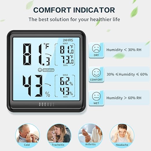 DOQAUS Room Thermometer Hygrometer, Digital Indoor Thermometer with Backlight, Large Screen Temperature Monitor Humidity Meter for Home, Bedroom, Baby Room, Office, Greenhouse (Black)