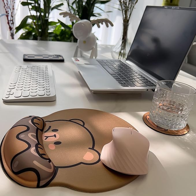 Cute Ergonomic Mouse Pad Wrist Support,[ 20% Larger] Wrist Rest Non-Slip Gel Anime Kawaii 3D Bear Donut Mouse Pads, Silicon Wrist Pad,with Coaster,Easy-Typing,Pain Relief, Game Work Study Home Office