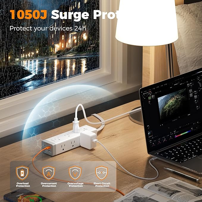 TESSAN Surge Protector Power Strip PD 20W, Ultra Thin Flat Plug 10 FT Extension Cord, 9 Outlets 4 USB(2 USB C), 1050J Protection Multiple Outlets Charging Station for Home, Office, College Dorm Room
