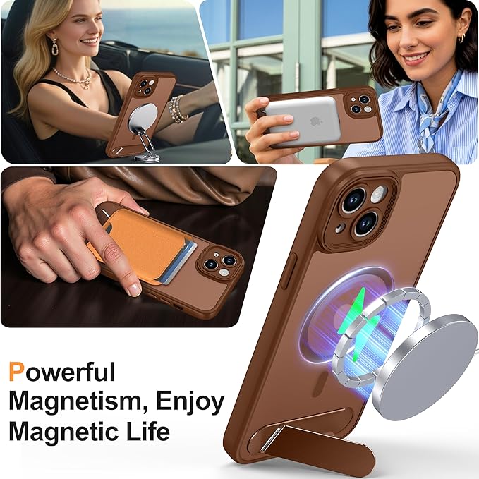 Magnetic Compatible with iPhone 15 Plus Case, [Built-in Kickstand][Full Camera Protection][Compatible with MagSafe][Anti-Fingerprint] Shockproof Phone Case for iPhone 15 Plus 6.7",Brown