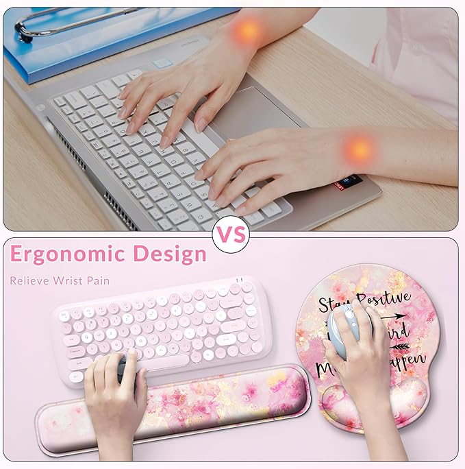 Large Mouse Pad and Keyboard Wrist Rest + Desk Mat Set,Full Long Mouse Pads for Desk Accessories with Memory Foam Gel Pink Mousepad for Women Computer Desktop Office Work-Pink & Black Slogan