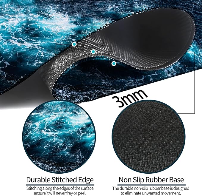 Beach Ocean Waves Gaming Desk Mat, Computer Keyboard Large Extended Sea Mouse Pad for Office and Home, 31.5×11.8 Inches, XL, Blue